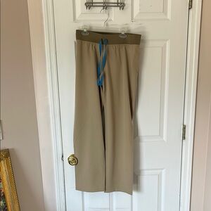 Tan Wide-Leg Pants with Blue Drawstring